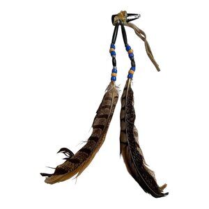 Vintage Handcrafted Feather Hair Clip Beaded Accents & Leather Ties Boho Style
